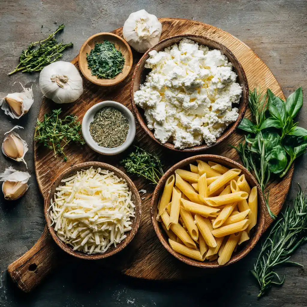 Ingredients for cottage cheese Alfredo pasta bake on wooden board