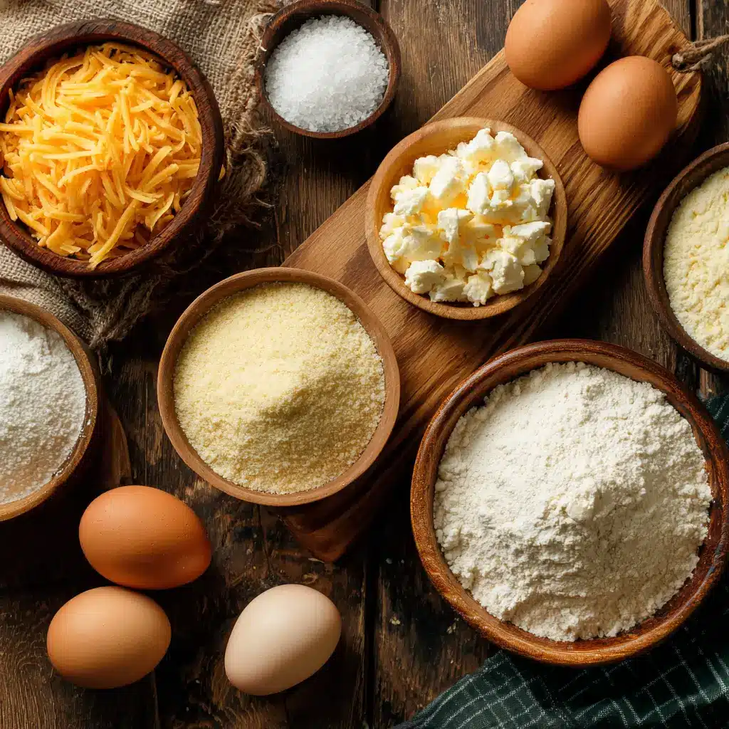 Ingredients for keto cheddar cottage cheese biscuits flat lay