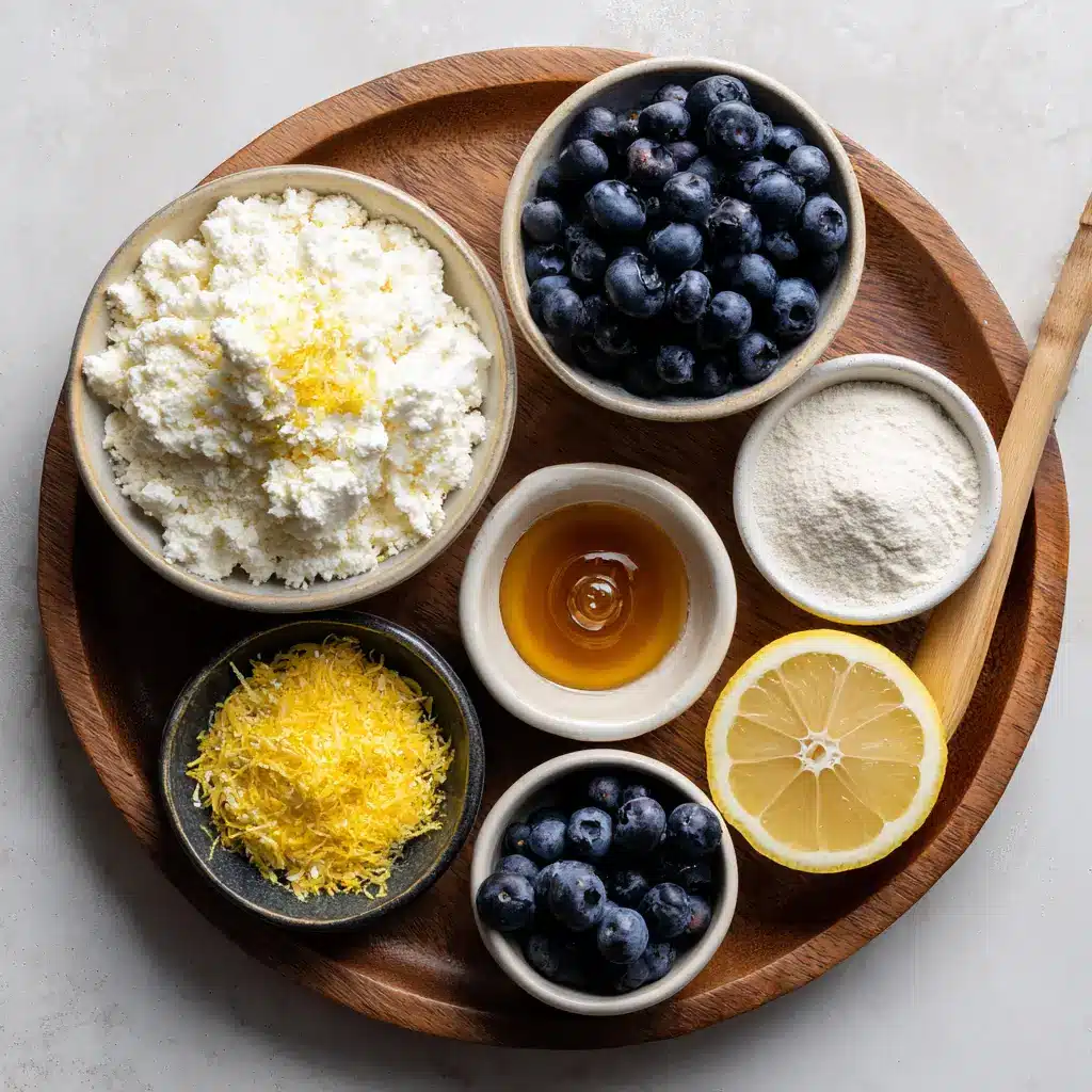 Ingredients for lemon blueberry cottage cheese protein bites on a wooden tray