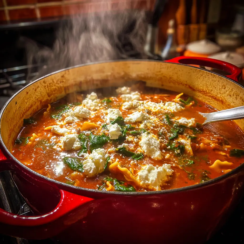 Lasagna soup with cottage cheese simmering in a Dutch oven with spinach and steam rising