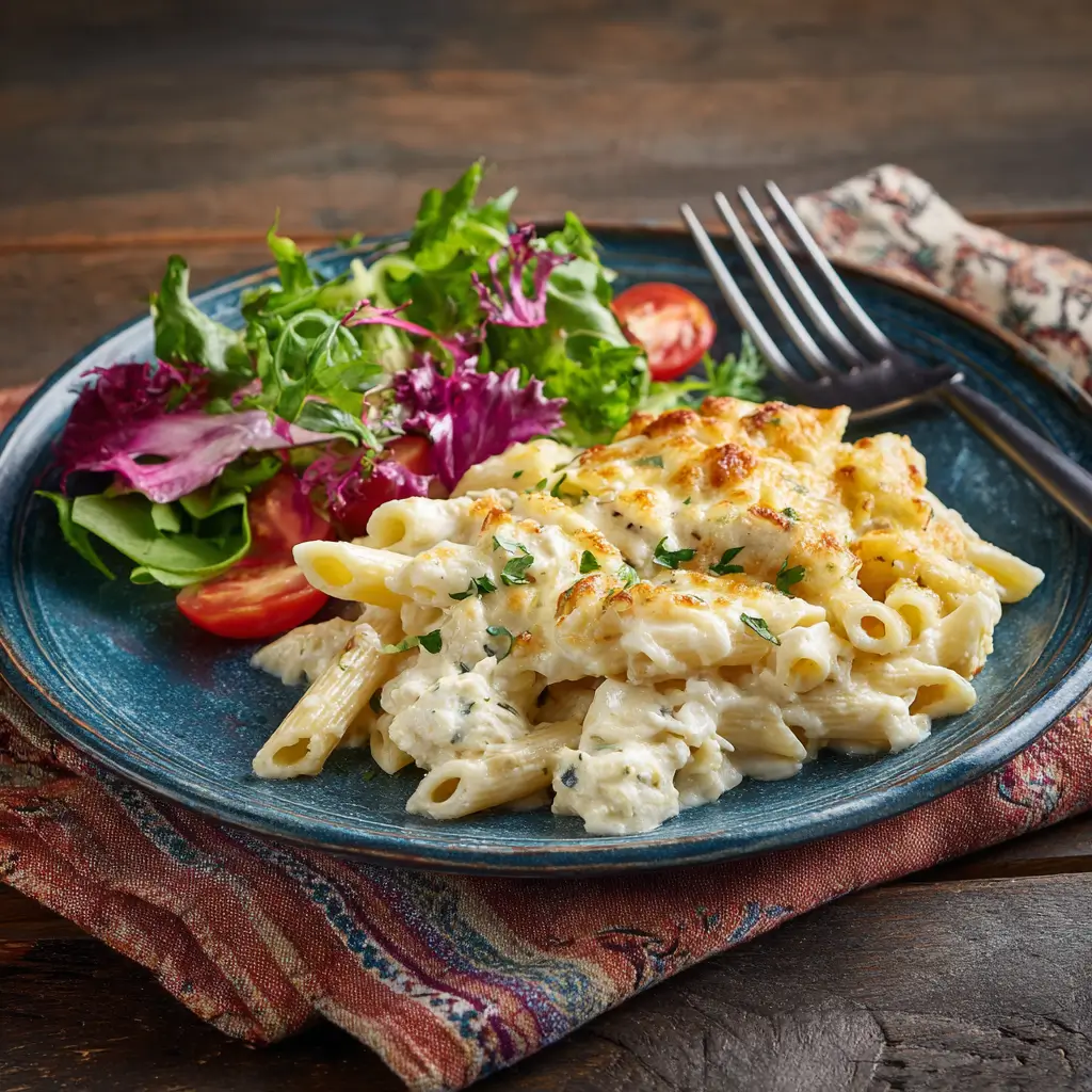 Serving of cottage cheese Alfredo pasta bake on a plate with salad