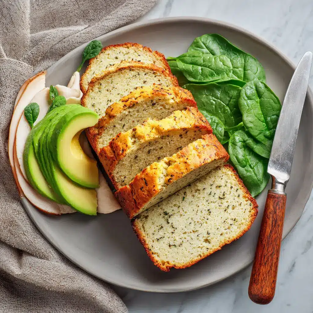 Sliced keto cottage cheese bread served with avocado, turkey, and spinach