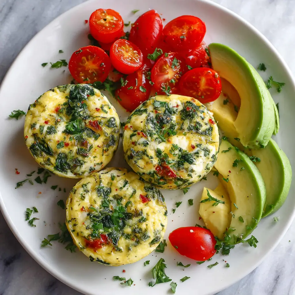 Spinach feta egg bites with cottage cheese plated with avocado and tomatoes