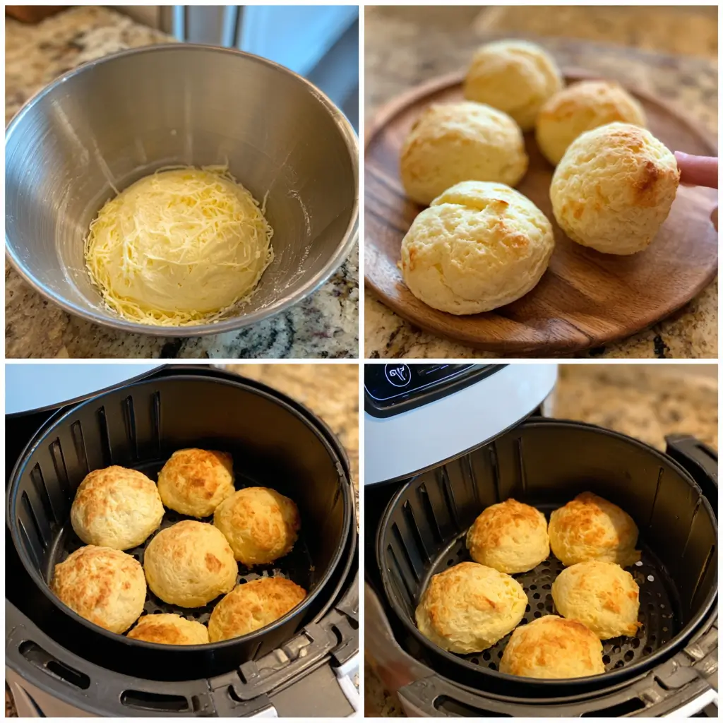 Step-by-step collage showing keto cheddar cottage cheese biscuit recipe process