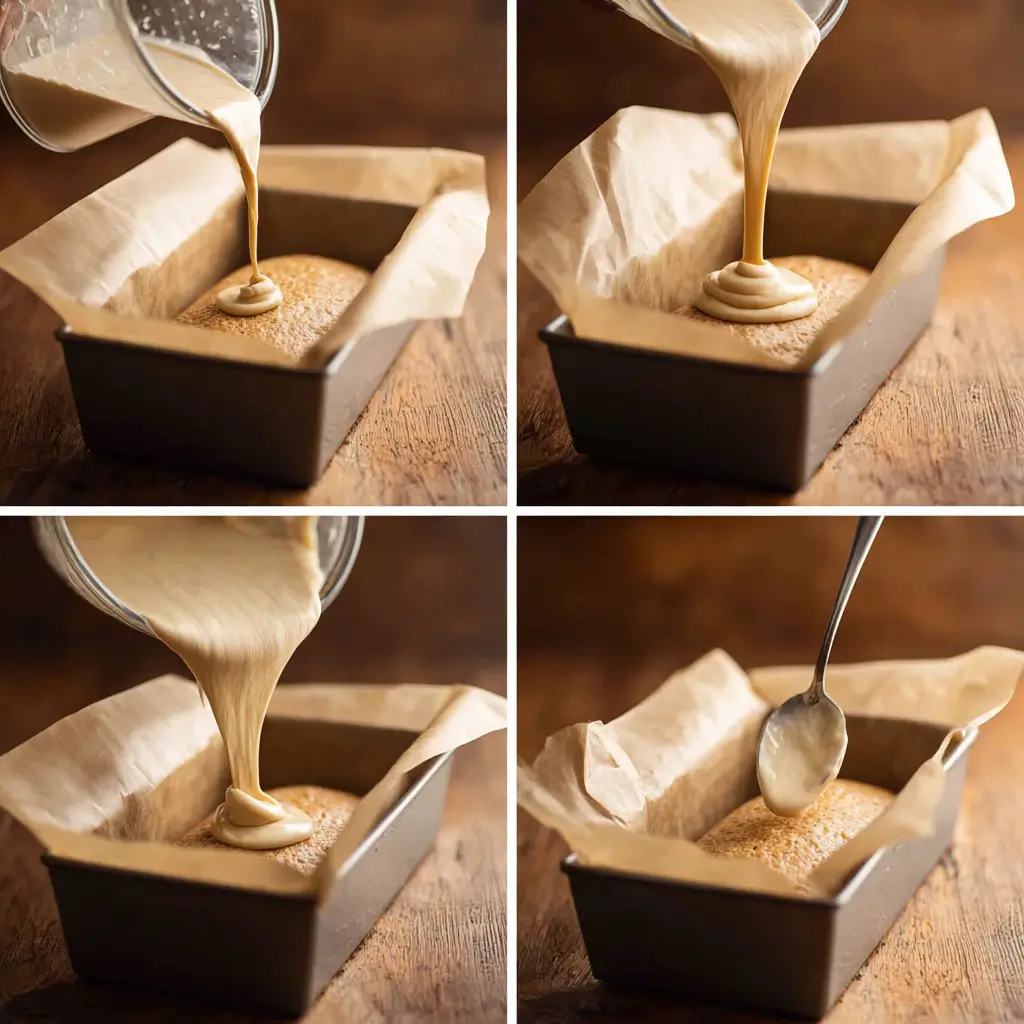 Step-by-step photo of keto cottage cheese bread batter being poured into loaf pan