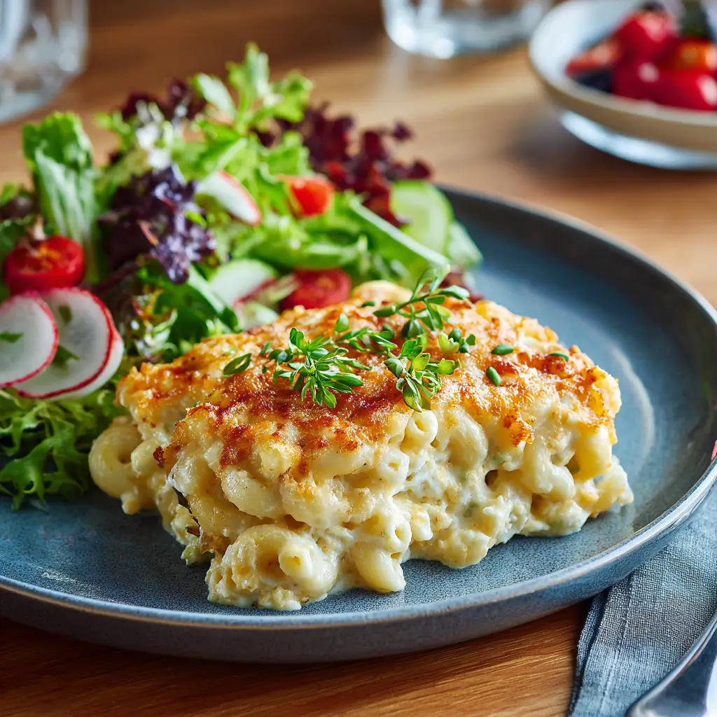 plated serving of high protein cottage cheese mac and cheese with salad plated serving of high protein cottage cheese mac and cheese with salad