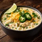 A bowl of creamy white chicken chili topped with shredded cheese, tortilla strips, sliced jalapeños, fresh cilantro, and a lime wedge, served in a dark ceramic bowl on a rustic wooden table