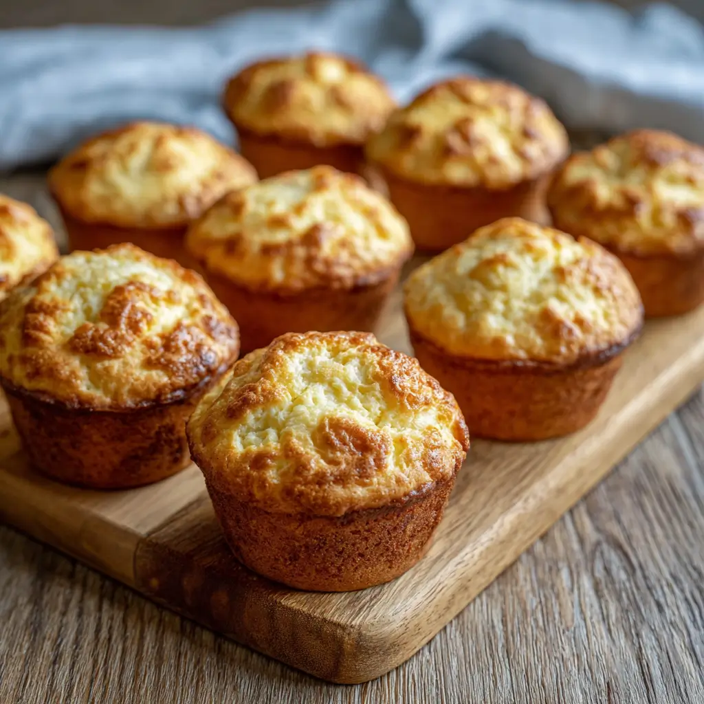 A dozen high protein cottage cheese muffins on wooden board