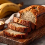 A loaf of moist banana bread on a wooden board, with several slices fanned forward. The texture appears soft and speckled with ripe banana, and fresh bananas are blurred in the background.