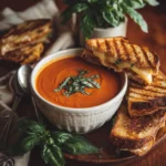 Bowl of creamy homemade tomato soup garnished with fresh basil, served with a grilled cheese sandwich on a wooden board