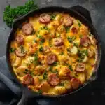 Cast-iron skillet filled with baked cheesy ranch potatoes and sliced smoked turkey sausage, topped with melted cheddar and fresh parsley, photographed overhead