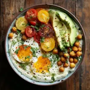Cottage Cheese Protein Power Bowl with avocado, eggs, chickpeas, and heirloom tomatoes