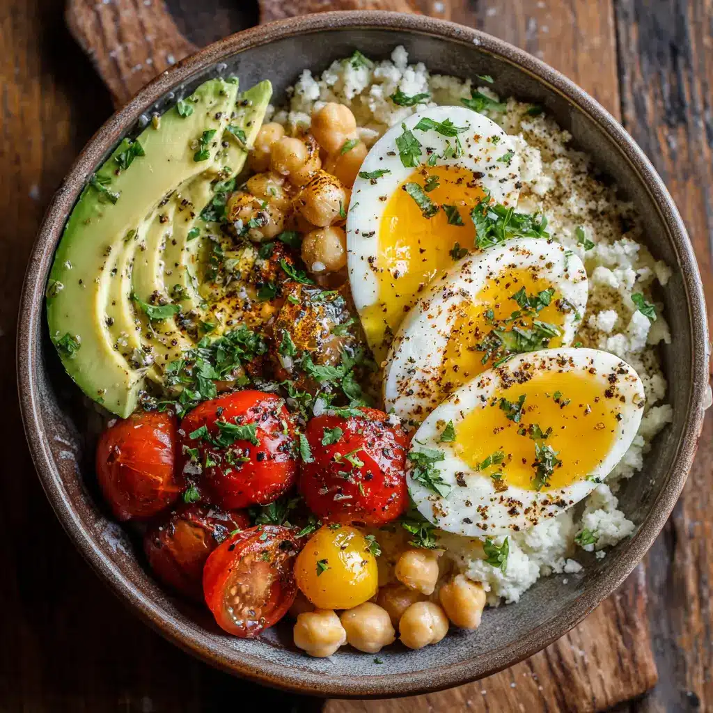 Cottage Cheese Protein Power Bowl with soft eggs, avocado, cherry tomatoes, and chickpeas