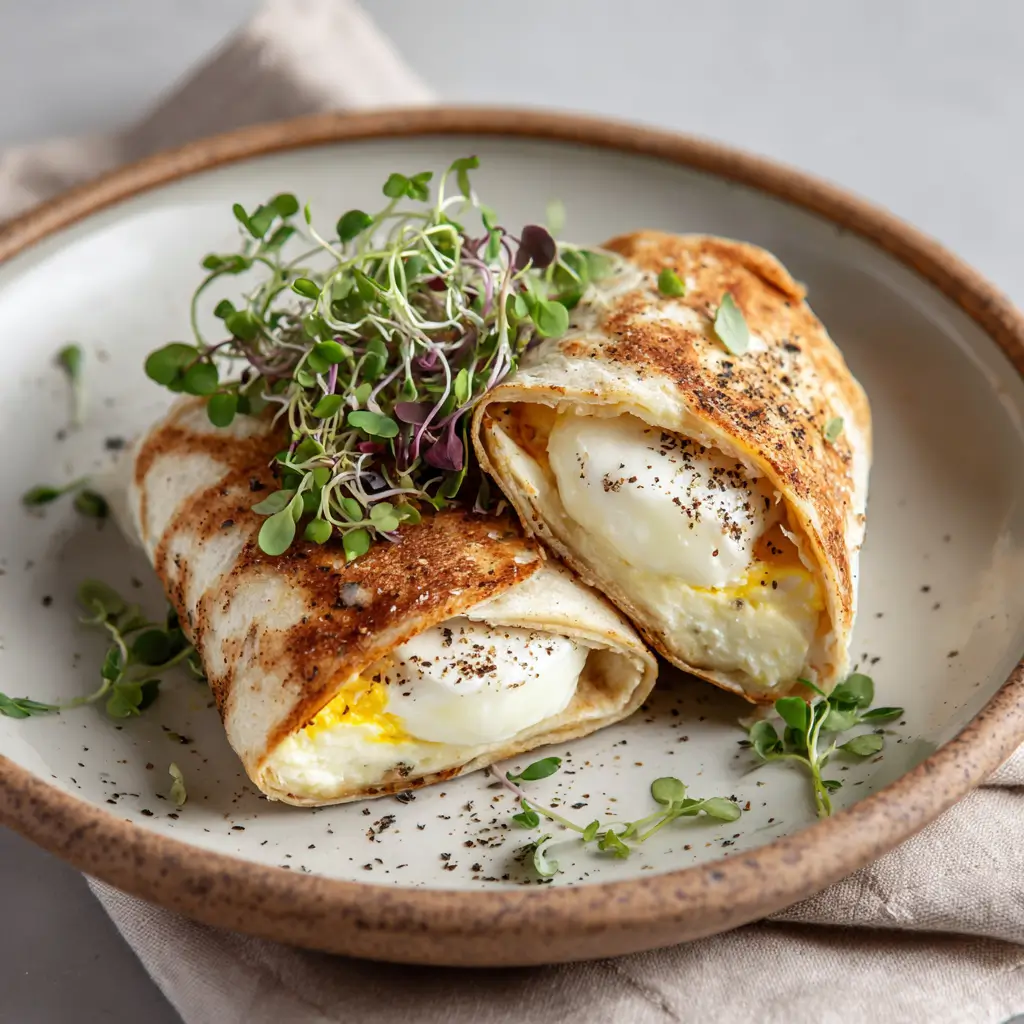 Cottage cheese egg wrap sliced open with creamy filling and herbs