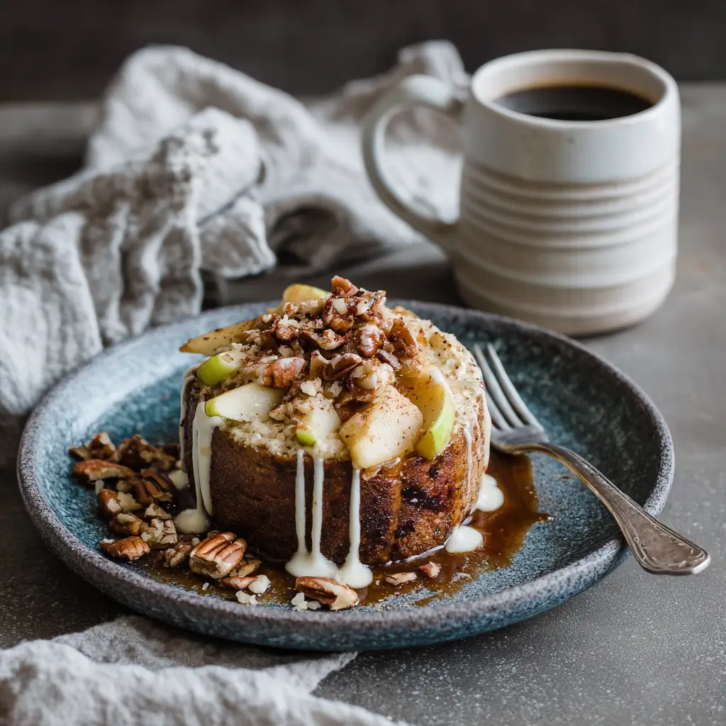 Finished baked apple cinnamon cottage cheese breakfast bowl topped with apples and pecans