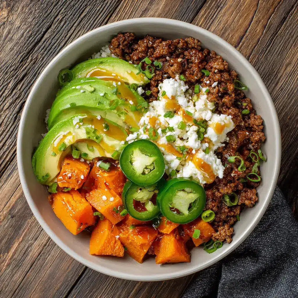 Healthy ground beef sweet potato cottage cheese bowl with avocado, jalapeños, and hot honey Healthy ground beef sweet potato cottage cheese bowl with avocado, jalapeños, and hot honey