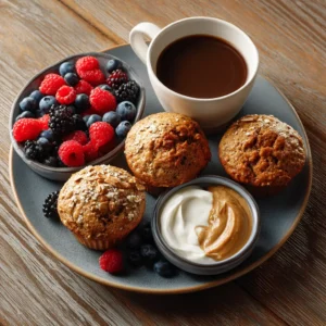 High protein cottage cheese muffins served with yogurt and berries
