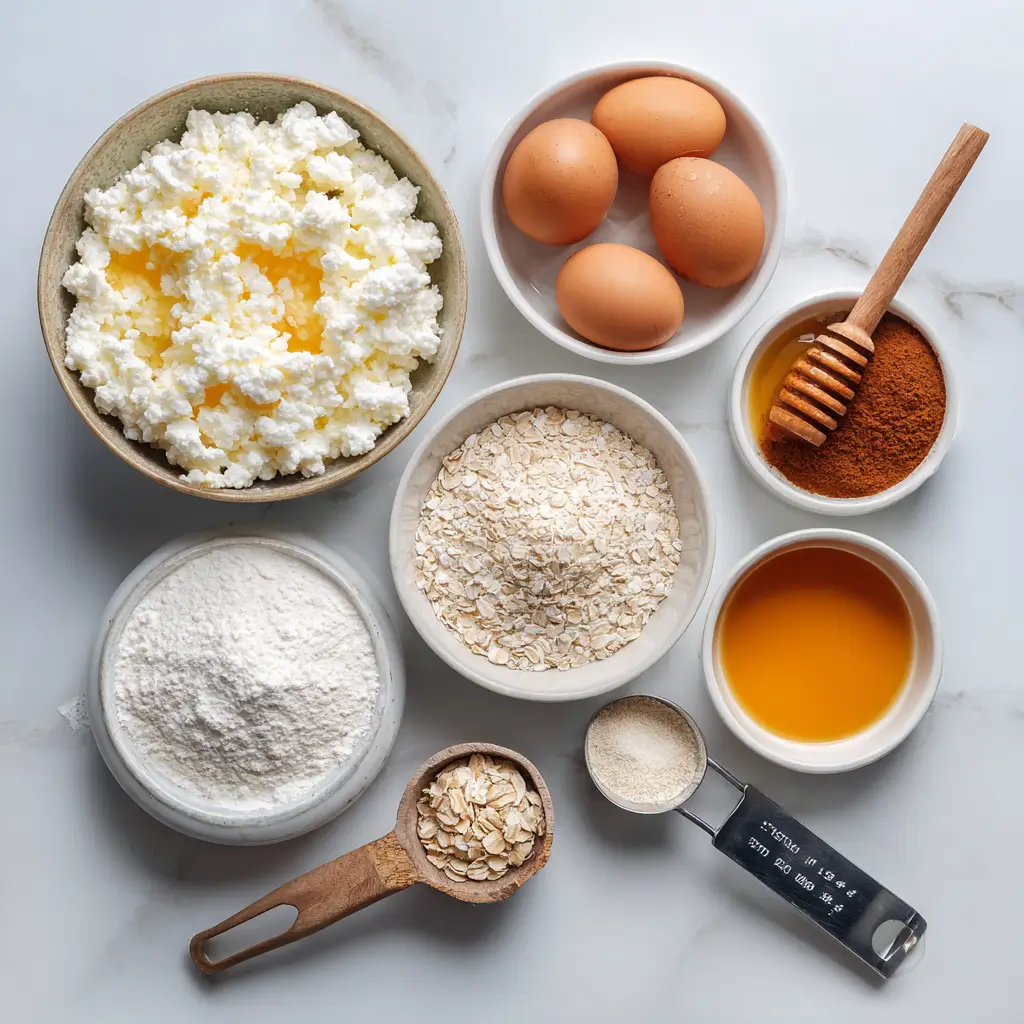 Ingredients for high protein cottage cheese muffins on white background