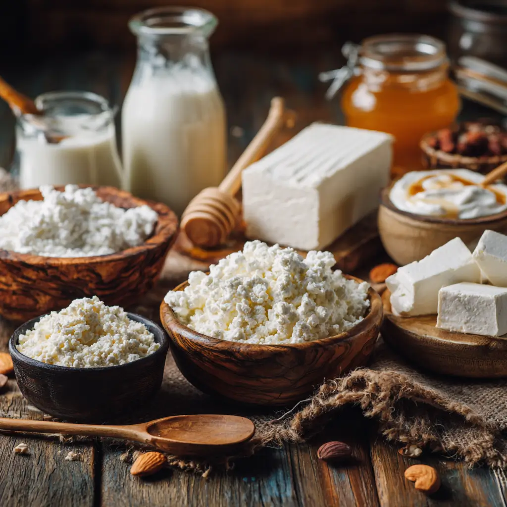 Ingredients used as cottage cheese substitutes on a rustic kitchen table Ingredients used as cottage cheese substitutes on a rustic kitchen table