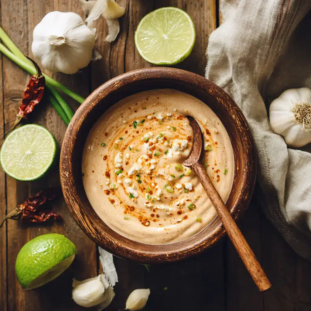 Overhead shot of cottage cheese chipotle sauce in a rustic wooden bowl