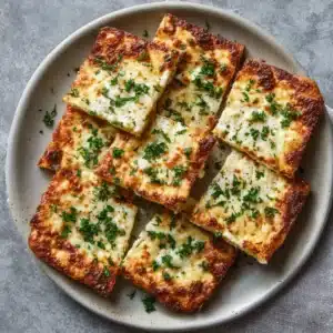 Overhead shot of sliced keto cottage cheese flatbread with herbs