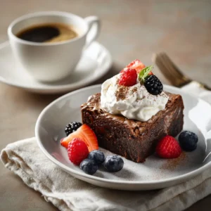 Served keto cottage cheese brownie with whipped cream and berries