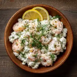 Shrimp and cottage cheese salad bowl with lemon and dill