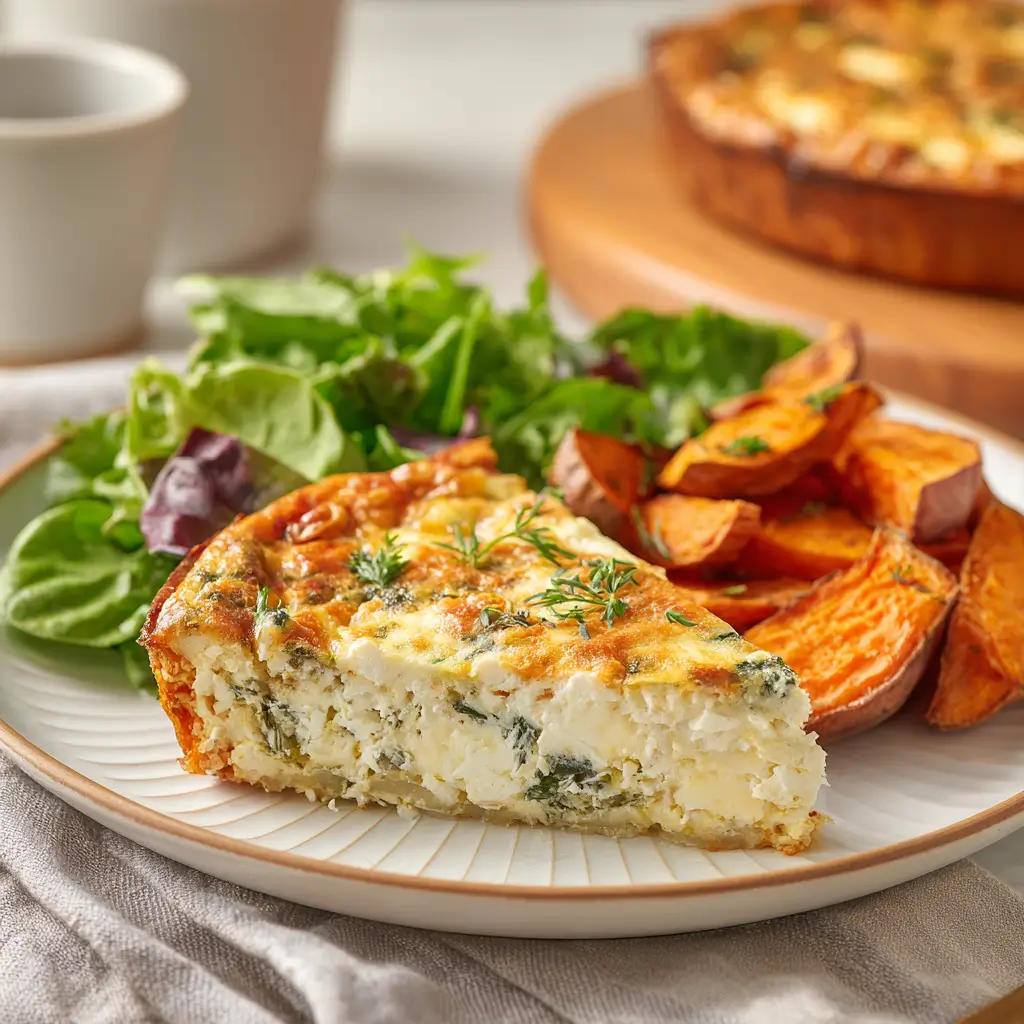 Slice of cottage cheese crustless quiche with sweet potatoes and salad