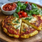 Sliced keto cottage cheese egg pizza crust with tomato sauce and fresh basil