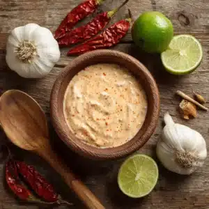 Smooth blended cottage cheese chipotle sauce in a wooden bowl