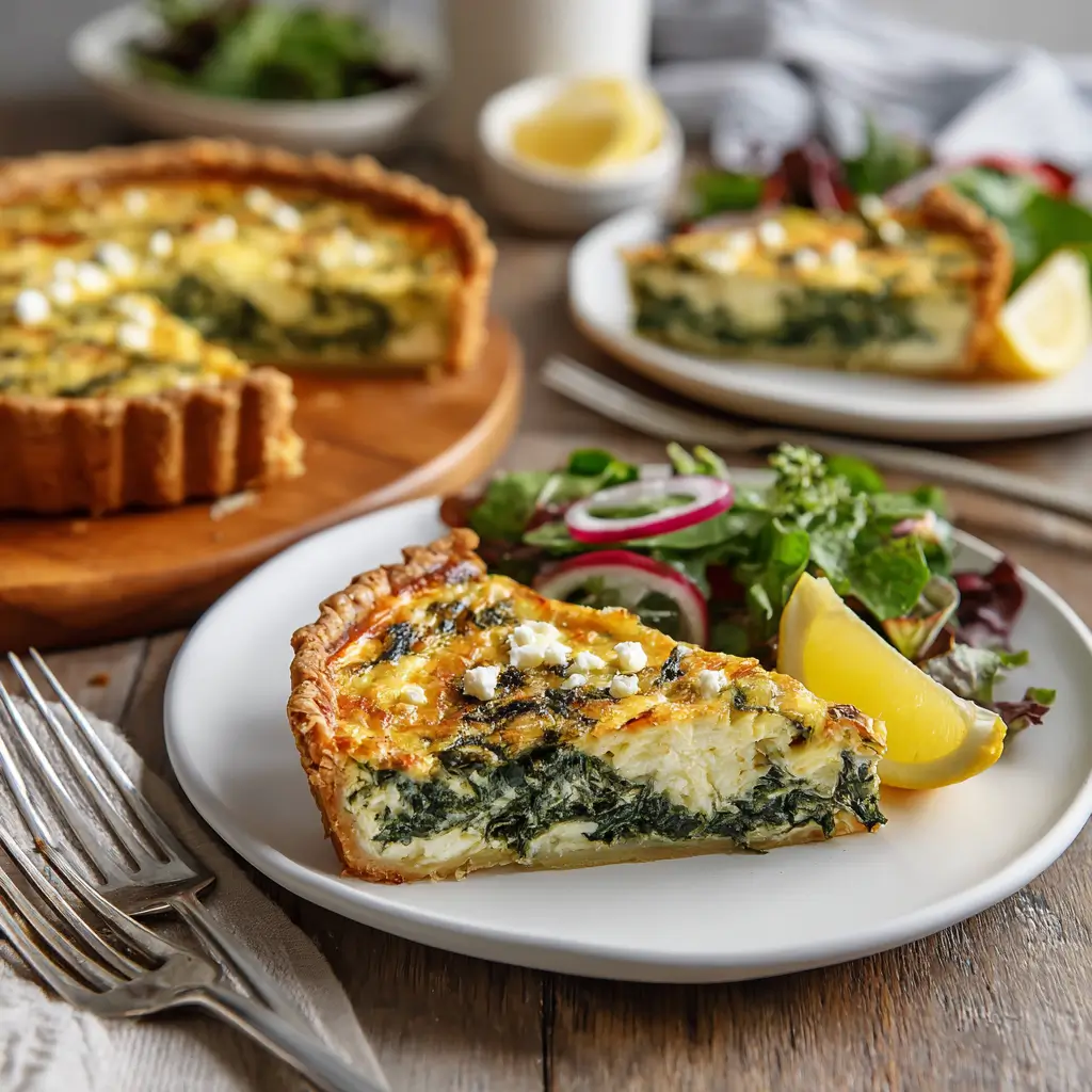 Spinach cottage cheese quiche served with salad and lemon wedge