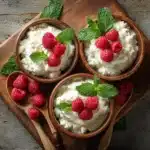 Whipped cottage cheese dessert keto mousse with raspberries and mint