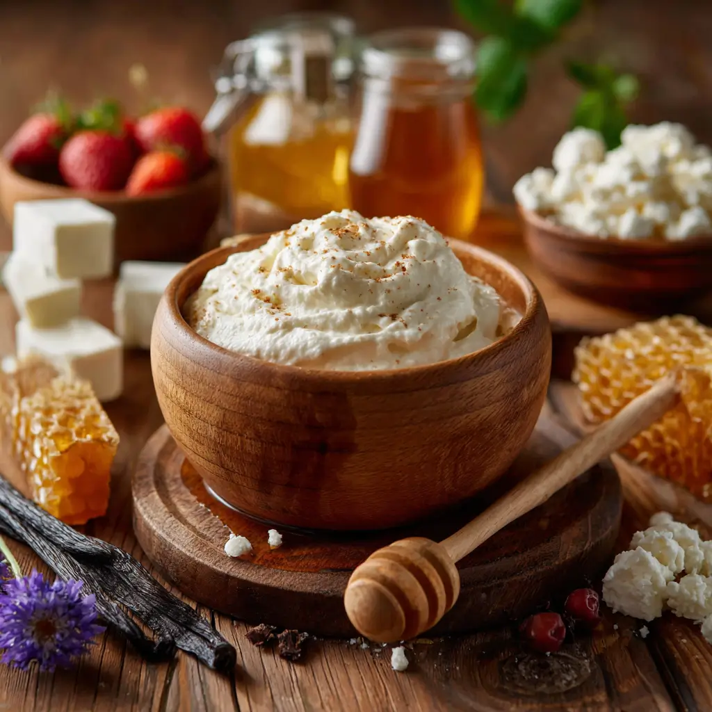 bowl of creamy cottage cheese frosting surrounded by honey and vanilla