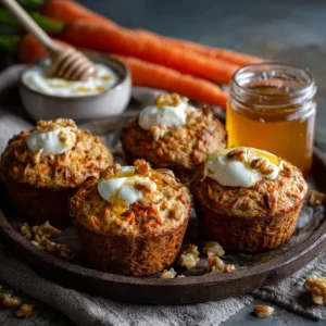 cottage cheese carrot cake muffins with yogurt, honey, and walnuts