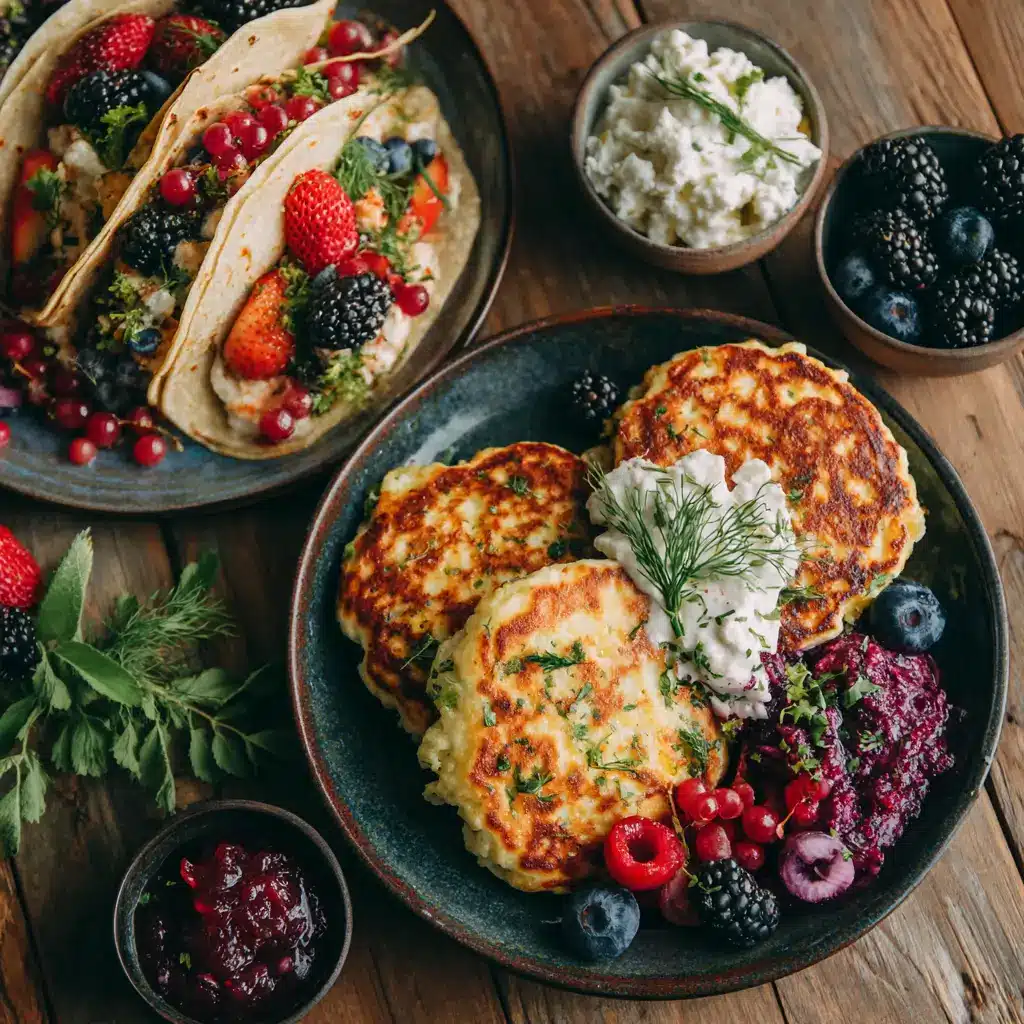 cottage cheese pancakes and breakfast tacos with berries