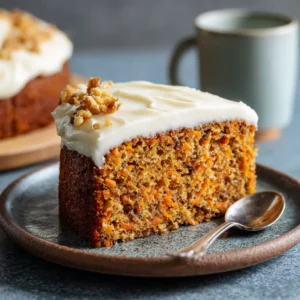 slice of moist carrot cake topped with creamy cottage cheese frosting