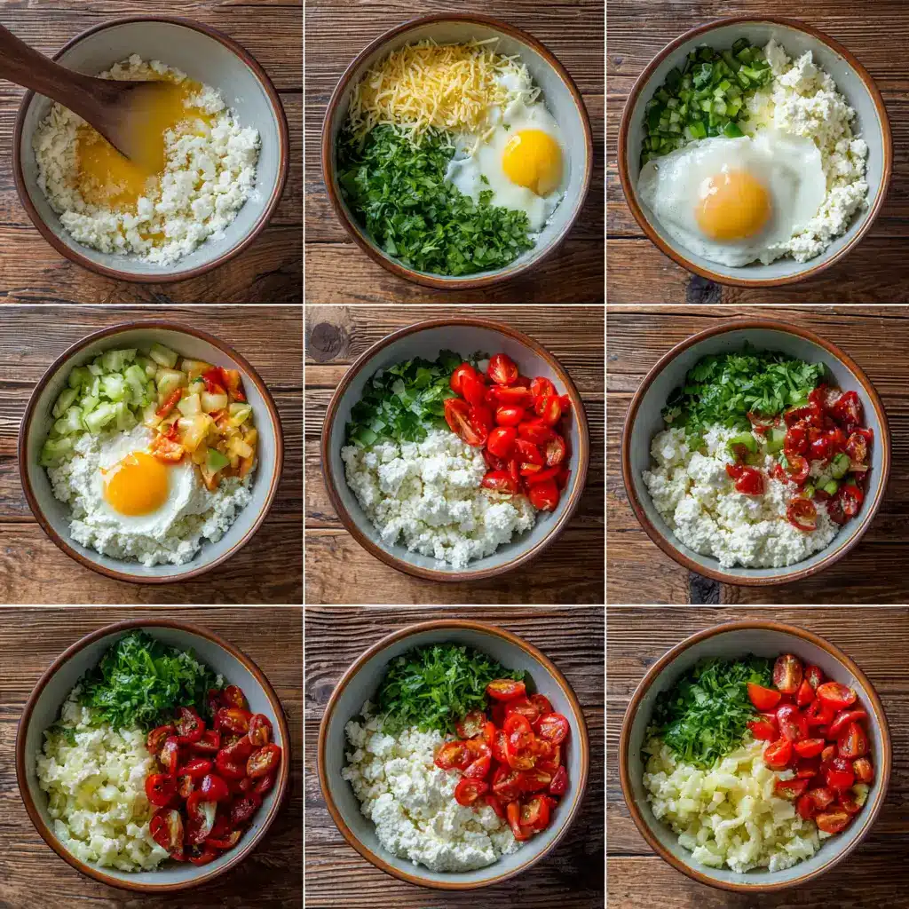 step-by-step collage showing how to make a savory cottage cheese bowl with vegetables and eggs step-by-step collage showing how to make a savory cottage cheese bowl with vegetables and eggs