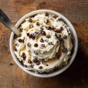 5-Ingredient Cottage Cheese Cookie Dough in a white bowl with chocolate chips