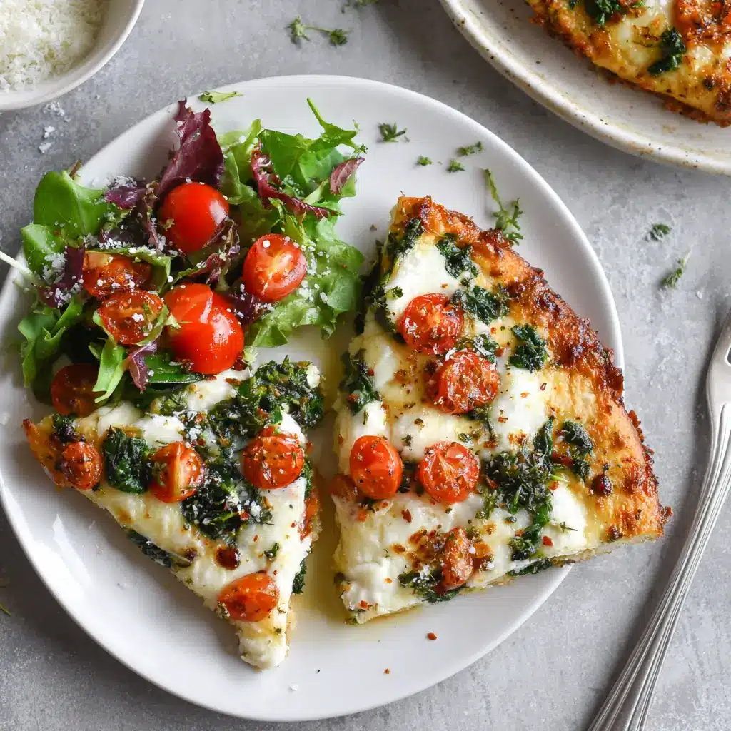 Cottage cheese pizza crust slices topped with spinach and cherry tomatoes, served with side salad