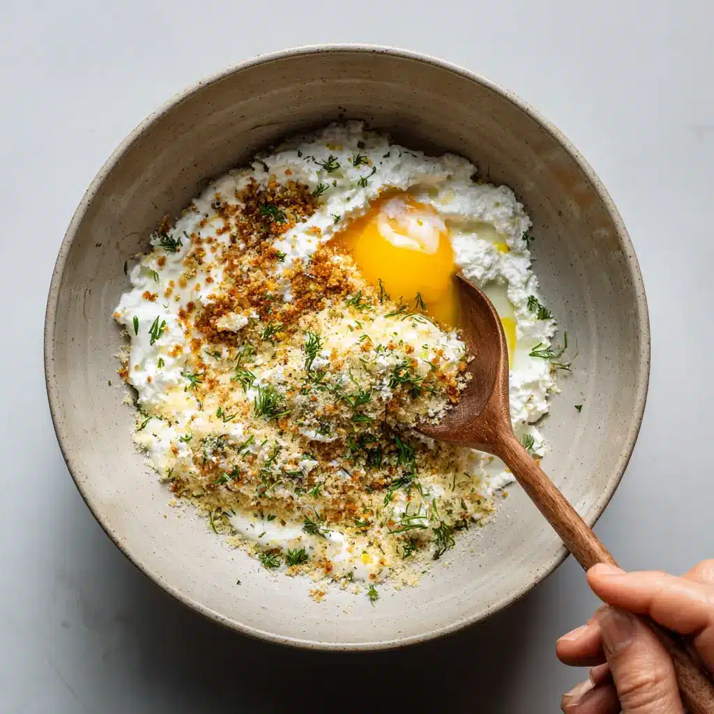 Mixing cottage cheese with breadcrumbs, herbs, and egg in a ceramic bowl