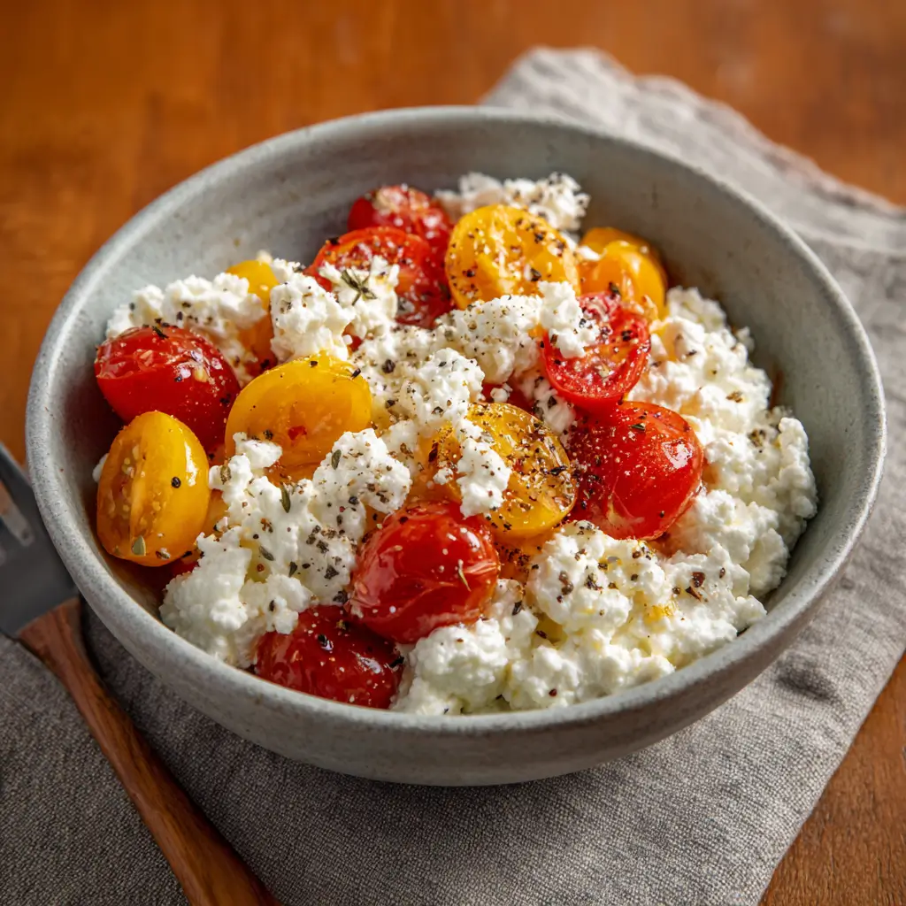 Serving bowl of cottage cheese with cherry tomatoes and herbs