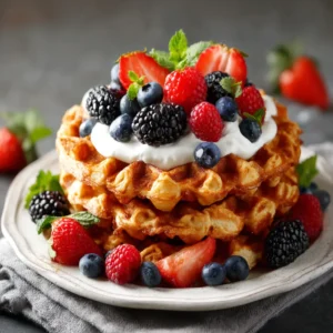 Stack of oatmeal cottage cheese waffles topped with Greek yogurt and fresh berries