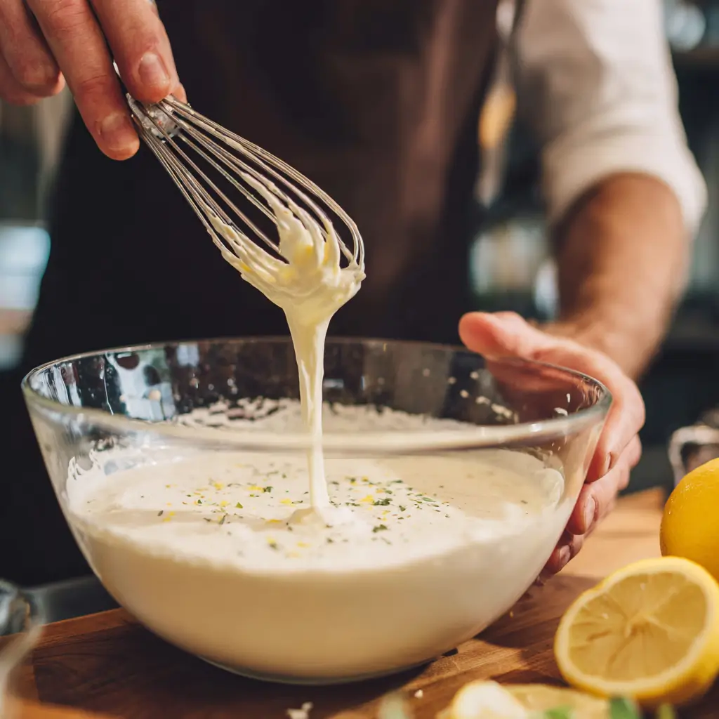 Whisking creamy cottage cheese sauce in a glass bowl