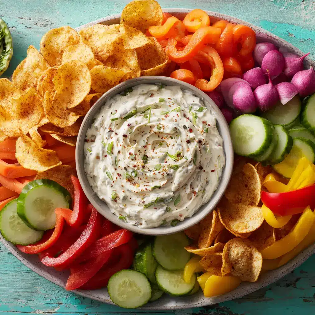 3 Ingredient Cottage Cheese Ranch Vegetable Dip served on a colorful vegetable and chip platter