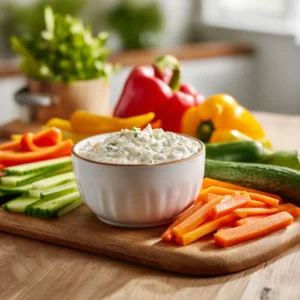3 Ingredient Cottage Cheese Ranch Vegetable Dip served with fresh vegetables on a wooden board