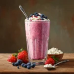 Berry cheesecake cottage cheese smoothie in tall glass with berries and cottage cheese