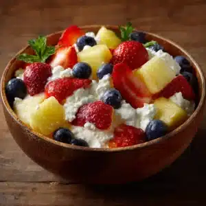 Cottage cheese fruit salad with strawberries blueberries and pineapple in a wooden bowl