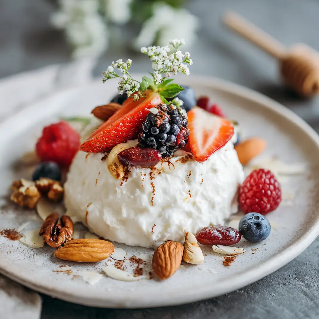 full fat cottage cheese​ with berries and nuts on plate
