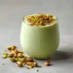 Creamy pistachio pudding cottage cheese smoothie topped with crushed pistachios