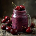 dark cherry cottage cheese smoothie with blueberries and fresh cherries